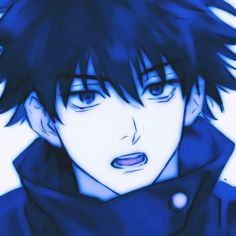 an anime character with black hair wearing a blue hoodie and looking at the camera