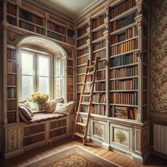 a room with bookshelves and a ladder in it