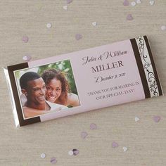 wedding candy bar wrapper with an image of a couple on it and confetti sprinkles in the background