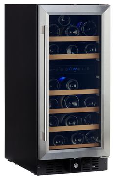 a wine cooler with many bottles in it's door and no glass doors on the front