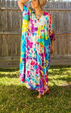 "Add a touch of unique style to your wardrobe with our Hand-Dyed Kaftan Dress! This stunning dress is made from 100% breathable and comfy rayon fabric, ensuring maximum comfort all day long. Using our unique method, each dress is carefully hand dyed, resulting in a one-of-a- kind masterpiece. The intricate patterns and vibrant colors make this dress a true work of art. The kaftan dress comes in a versatile one size fits most (M-3XL), making it extremely comfortable for a wide range of body types Colorful Bohemian Beach Dress Cover-up, Bohemian Colorful Beach Dress Cover-up, Colorful Bohemian Beach Dress As Cover-up, Colorful Bohemian Long Sleeve Maxi Dress, Bohemian Multicolor Dresses With Natural Dye, Tie Dye Long Dress For Beach Cover-up, Hand Dyed Multicolor Dresses For Festival, Long Tie Dye Dress For Beach Cover-up, Hand Dyed Multicolor Dress For Festival