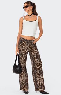 Edikted Leopard Printed Low Rise Pants | PacSun Tank Top Layered, Womens Low Rise Jeans, Womens White Jeans, Visionary Fashion, School List, Low Rise Pants, Black Jeans Women, High Waisted Flare Jeans, Summer Closet