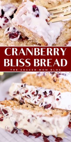 cranberry bliss bread on a plate with a fork