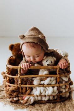 a baby is sitting in a basket with stuffed animals on it's back and wearing a hat