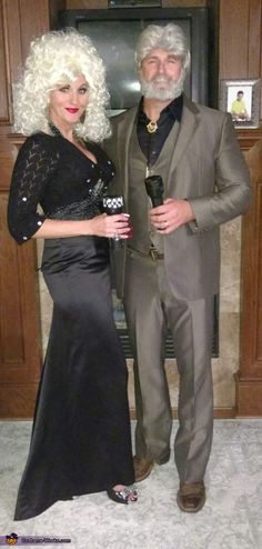 the man and woman are dressed up as drag queen and gentleman in formal attire, standing next to each other