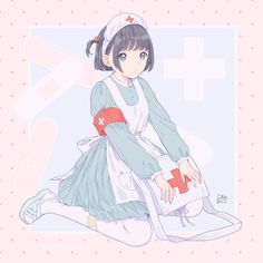 an anime character with a nurse outfit and red cross on her arm, sitting down