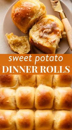 sweet potato dinner rolls on a plate with buttered bread in the middle and an orange background