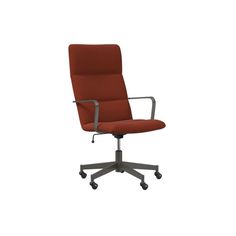 a red office chair with wheels and casteors on an isolated white background, viewed from the front