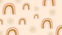 a pink and gold wallpaper with rainbows, sun and clouds in the background