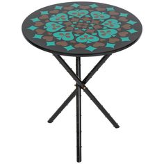 a black table with blue and brown designs on it's top, sitting in front of a white background