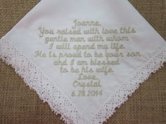 The perfect sentimental keepsake for your soon to be mother in law! Please List: To- From- Font Color- **You may also add the date** NOW AVAILABLE: display and store your handkerchief in our windowed display boxes. Mom In Law, Wedding Handkerchief, Wedding Item, Mother In Law, The Groom, Mother Of The Groom, Display Boxes, Wedding Groom, Weddings