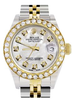 Luxury Gold Stainless Steel Diamond Watch, Diamond Rolex Watches Women, Luxury Gold Diamond Watch Authenticated, Luxury Platinum Diamond Watch In Gold, Xo Jewelry, Rolex Watches Women, Mens Diamond Bracelet, Rolex Women, Gold Rolex