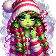 a girl with green hair wearing a red and white striped hat, holding a candy cane