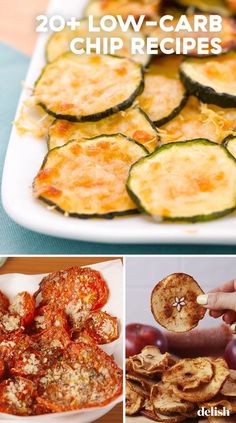 the collage shows different types of food and is shown with text overlay that reads, 20 low - carb chip recipes