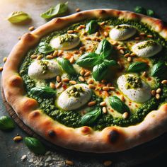 a pizza topped with pesto and mozzarella