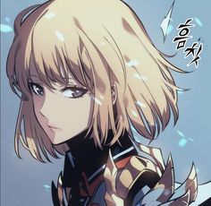 an anime character with blonde hair and blue eyes looking at the camera while wearing armor