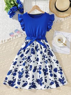 Teen Girls' Spring/Summer Patchwork Floral Print Ruffle Trim Decorated Dress Royal Blue Cute,Boho  Short Sleeve Polyester Colorblock,Floral A Line Slight Stretch  Teen Girls Clothing, size features are:Bust: ,Length: ,Sleeve Length: Girls Party Wear, Teen Girl Dresses, Cute Dress Outfits, Royal Blue Dresses, Halterneck Dress, Dresses For Teens, Teen Girls