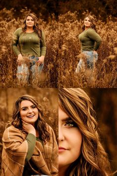 a woman standing in tall grass with her hands on her face and smiling at the camera