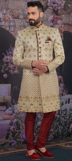 Gold color Sherwani in Banarasi Silk fabric with Embroidered, Thread work Sherwani Pakistani, Indowestern Sherwani, Groom Sherwani, Sherwani Groom, Kids Wear Girls, Sherwani For Men, Men's Ethnic Wear, Wedding Sherwani, Silk Bottoms