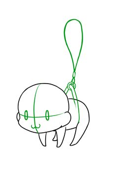 a drawing of a cartoon character holding onto a string with eyes and nose drawn on it