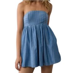 American Eagle Blue And White Striped Chambray Strapless Tie Back Romper Size L Wear Strapless Or Use Straps That Are Included Flowing Bottoms Give This A Babydoll Dress Look But It’s Actually A Romper New With Tags Babydoll Dress, Tie Backs, Tie Back, Chambray, Pant Jumpsuit, American Eagle Outfitters, Jumpsuit Romper, American Eagle, Blue White