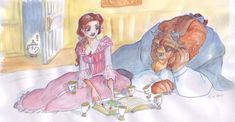 a drawing of a man and woman sitting next to each other on a bed with an open book in front of them