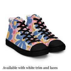 Elevate your style with our women's high top sneakers featuring a hippy flower print, perfect for casual wear and athleisure. These women's canvas sneakers make a unique gift idea, combining comfort and vibrant design for an eye-catching look. ⛅️ 100% polyester canvas upper side ⛅️  Ethylene-vinyl acetate (EVA) rubber outsole ⛅️ Breathable lining, soft insole ⛅️  Faux leather toe cap ⛅️  Padded collar, lace-up front YOU MIGHT ALSO LIKE ⛅️ YOGA CAPRI SEAWEED PRINT  https://throughthecloud.etsy.co Comfortable High-top Summer Canvas Shoes, Comfortable Lace-up High-top Sneakers For Spring, Spring High-top Sneakers For Streetwear With Speckled Midsole, High-top Sneakers With Speckled Midsole For Spring Streetwear, Spring Streetwear High-top Sneakers With Speckled Midsole, Floral Print High-top Sneakers For Streetwear, Trendy Summer High-top Canvas Shoes, Trendy High-top Canvas Shoes For Spring, Summer Casual Lace-up High-top Sneakers