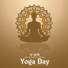 the international yoga day poster is displayed in front of a gold background with an image of a buddha