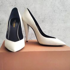 Saint Laurent Leather White Heels 39 1/2 Saint Laurent Zoe Style Has Piercing Pointed Toes To Match The 105mm Stiletto Heels. Upper: Lamb Leather Sole: Bovine Leather White And Black They Have A Vintage Look For A Very Collectable Feel! Condition: Almost Good As New! Check Out The Soles! Saint Laurent Shoes, White Heels, Vintage Looks, Shoes Women Heels, Stiletto Heels, White And Black, Shoes Heels, Saint Laurent, Women Shoes