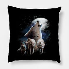 three wolfs are standing in front of the moon on a black pillow cover with white stars