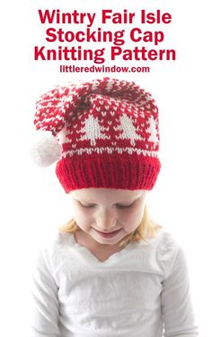 This pretty wintry fair isle stocking cap knitting pattern has a fun pattern of trees and fair isle motifs in red & white, it's fun to knit! Knitting Room, Winter Knitting, Double Pointed Knitting Needles, Yarn Creations, Snowflakes Pattern, Baby Hat Knitting Pattern, Baby Hat Patterns