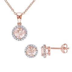 This beautiful Stella Grace earring and pendant necklace set is crafted with 18k rose gold over sterling silver, morganite stones, and genuine diamond halos. This beautiful Stella Grace earring and pendant necklace set is crafted with 18k rose gold over sterling silver, morganite stones, and genuine diamond halos.Click on this JEWELRY & WATCHES GUIDE to learn about fit, styles, materials and more! Includes: 1 pair of earrings and 1 pendant necklace Clasp: spring-ring Nickel free Metal: sterling Fine Jewelry Set With Pendant And Matching Earrings, Fine Jewelry Sets With Matching Earrings And Pendant, Fine Jewelry Rose Gold Necklace With Halo Design, Rose Gold Sterling Silver Jewelry With Prong Setting, Rose Gold Diamond Cut Pendant Jewelry, Fine Jewelry White Gold Necklaces With Matching Earrings, Fine Jewelry White Gold Necklace With Matching Earrings, White Gold Necklaces With Matching Earrings, White Gold Necklace With Matching Earrings