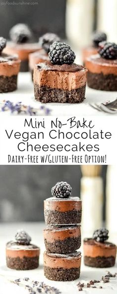 mini no bake vegan chocolate cheesecakes with blackberries on top and in the middle