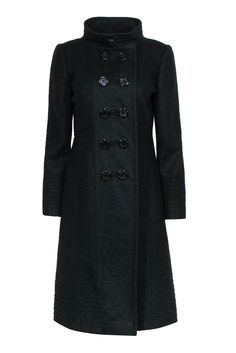 Keep it classic in the cold with this gorgeous coat from Antonio Melani! Made in a warm wool blend and dramatic longline silhouette, this luxe layer is perfect for taking on those blistery months in style. Throw on over a chunky turtleneck and sleek slacks and you'll be ready for ice skating, holiday shopping and every Fitted Wool Coat For Cold Fall Weather, Fitted Elegant Pea Coat For Winter, Long Winter Pea Coat With Button Closure, Chic Black Wool Coat For Winter, Fitted Black Wool Coat For Winter, Elegant Cold Weather Outerwear For Fall, Elegant Fall Outerwear For Cold Weather, Elegant Outerwear For Cold Weather In Fall, Fitted Winter Pea Coat