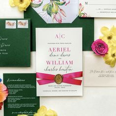 wedding stationery with flowers and green envelopes