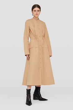 Shirt Dress - Dresses Beige Shirt Dress, Dark Blue Coat, Poplin Shirt Dress, Stand Collar Shirt, White Ankle Boots, Beige Shirt, Cotton Long Dress, Black Pleated Skirt, Cotton Poplin Shirt