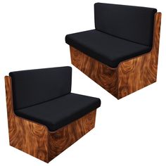 two wooden chairs with black upholstered cushions