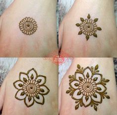 four different pictures of hendi tattoos on the hands and feet, one with an intricate flower