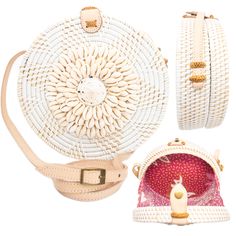 Introducing our Bali Round Rattan Crossbody Bag with Seashell Embellishment and Adjustable Strap! This stunning bag is handcrafted from natural rattan and features a beautiful array of carefully selected seashells that are individually placed by hand. The adjustable strap allows you to customize the fit to your liking, making it the perfect accessory for any occasion. The circular design of the bag adds a touch of bohemian elegance, and the seashell embellishments bring a touch of natural beauty Traditional White Bags For Vacation, Artisan Beach Shoulder Bag With Adjustable Strap, Artisan Shoulder Bag With Adjustable Strap For Beach, Traditional White Shoulder Bag For Beach, Traditional White Shoulder Bag For The Beach, Summer Beach Bags With Shell Material, Handmade Shell Bags For Beach, Well Woven, Rattan Bag