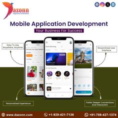 the mobile application development flyer is shown with two phones and an image of people on it