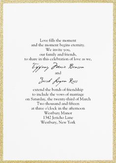 a wedding card with gold glitter border