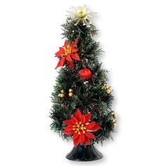 a christmas tree decorated with poinsettis and ornaments