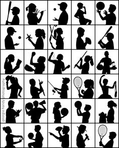 silhouettes of people holding tennis racquets in various poses and positions,