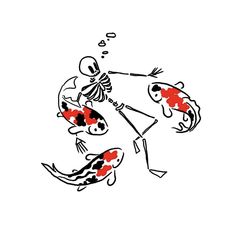 a skeleton riding on top of two koi fish