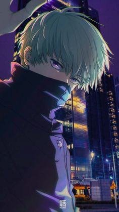 an anime character standing in front of a city at night