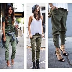 Trend alert !!! O militarismo é uma tendência que sempre está em moda, principalmente para quem se identifica com o estilo, mas agora ele vem com tudo e de todas as formas!!! Bom dia !! #bomdia #militar #estilomilitar #parkas Army Green Outfit, Military Green Pants, Green Pants Outfit, T Shirt And Jeans, Comfy Fashion, Fashion 2018, Fashion Set, Spring Outfit