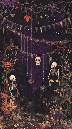 two skeletons are sitting in the middle of a garden with hanging decorations and bunting