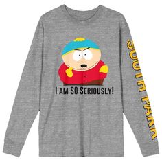 Take comfort seriously with this South Park tee. The shirt features an image of Eric Cartman standing above black letters that read, "I Am SO Seriously," while yellow letters on the left sleeve spell out the series logo. The tee comes in a gray heather long sleeve crew neck. Fans of the South Park animated sitcom will love this comfy and cozy shirt. Fan Apparel Long Sleeve Relaxed Fit T-shirt, Relaxed Fit Long Sleeve Fan Apparel T-shirt, Winter Gray Letter Print T-shirt, Yellow Long Sleeve Top With Character Print, Funny Winter Streetwear Tops, Funny Fan Merchandise Tops With Long Sleeves, Funny Long Sleeve Fan Merchandise Top, Funny Long Sleeve Tops For Fan Merchandise, Funny Long Sleeve Tops With Text Print