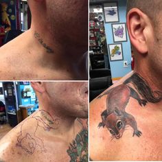 three pictures of a man's neck with tattoos on it, and the same photo of