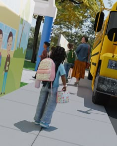 a group of people standing next to a yellow school bus